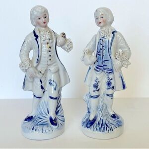 Porcelain Figures Colonial Victorian Men Blue White Gold Hand Painted Vintage